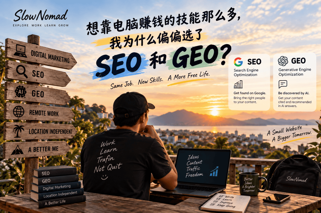 一名数字游民在电脑前学习 SEO 和 GEO，探索数字营销、远程工作和地点自由